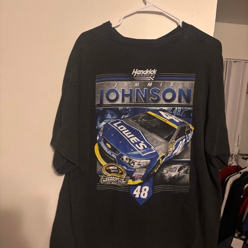 NASCAR Jimmie Johnson black cotton t-shirt with blue race car graphic size 2XL